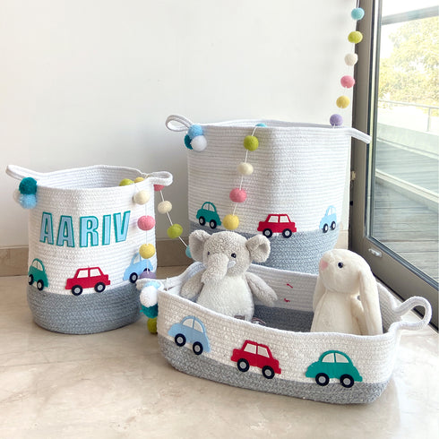 Little Cars - Grey Rope Personalised Storage Basket